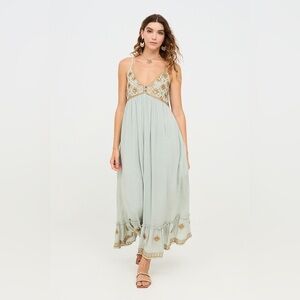 Embroidered Maxi Dress in Light Green